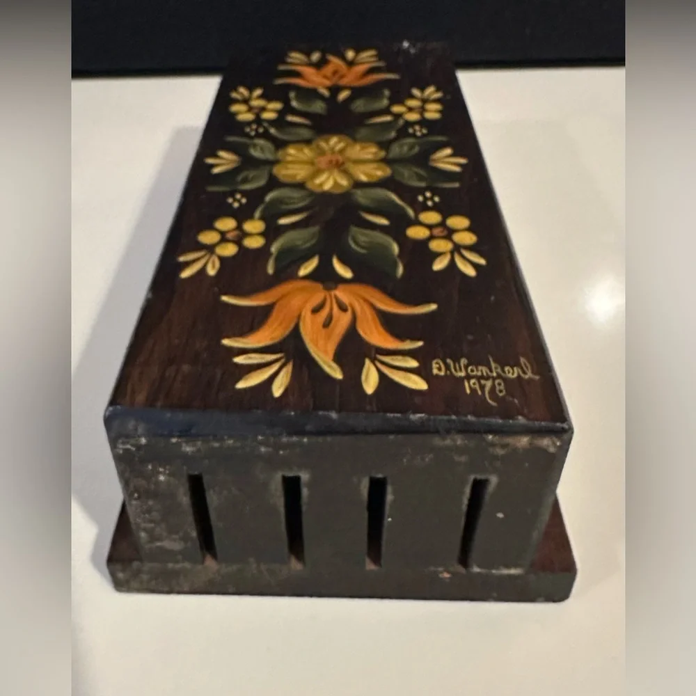 Vintage Artisan Signed D. Wankerl Hand Painted Wood Knife Rack Holder Folk Art